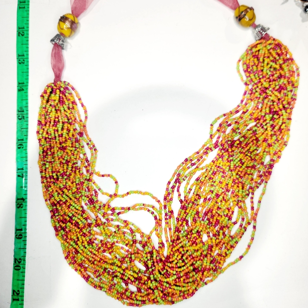Hippie Boho 70s Colorful Multi Strand Glass Seed Wedding Cake Bead Necklace Ital